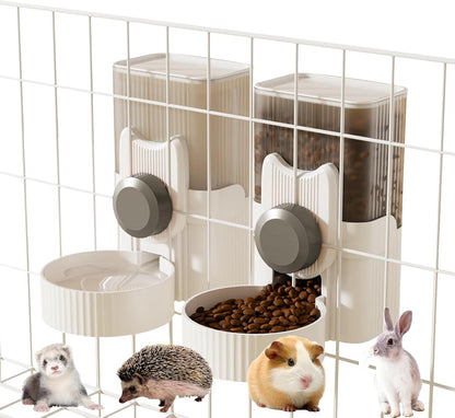 Rabbit Automatic Food Feeder and Water Dispenser Bunny Gravity Feeding Station Waterer Set Hanging Self-Dispensing Feeder for Ferret,Guinea Pigs Chinchillas Hedgehog (Grey)