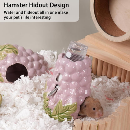 Hamster Water Bottle, Grape Ceramic Hamster Water Dispenser for Glass Tank,125ML Water Bottle Holder with 2 No Drip Caps for Syrian Mice,Gerbil
