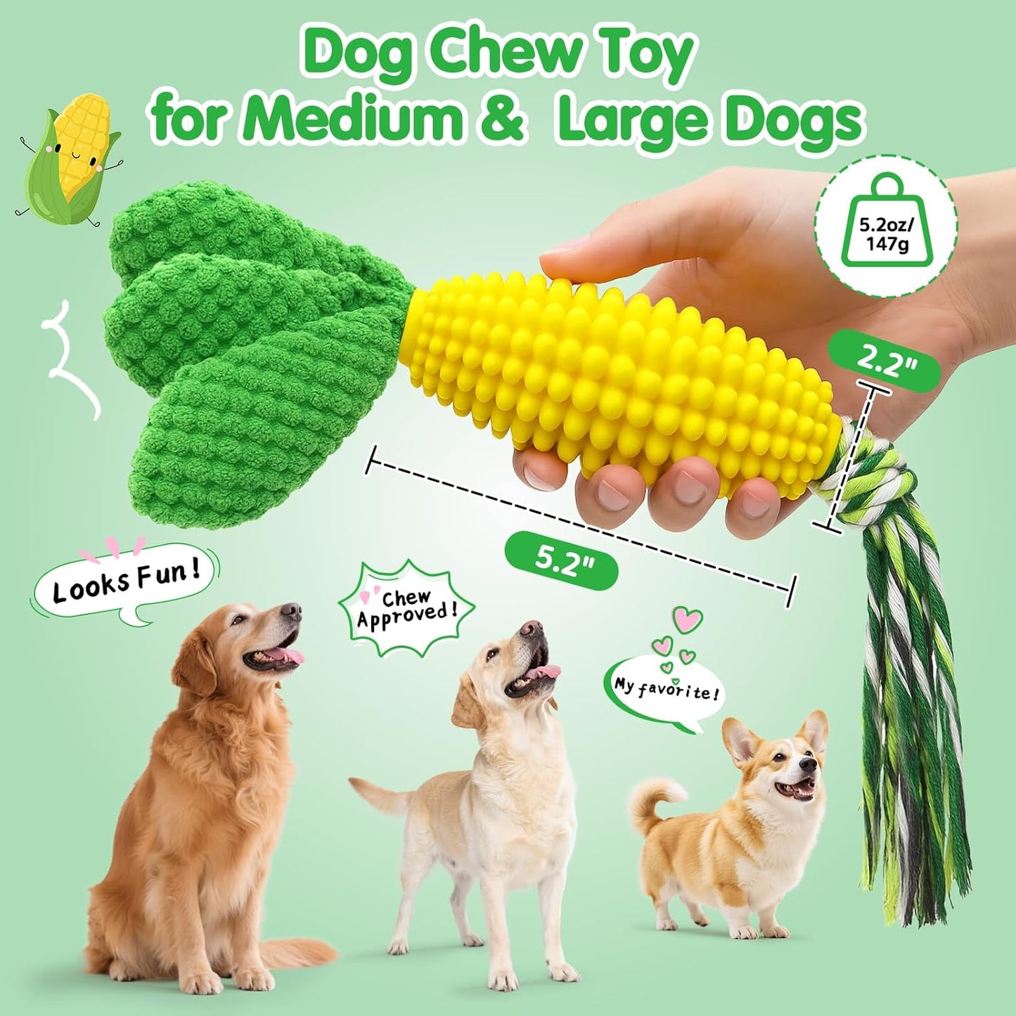 Dog Chew Toys for Aggressive Chewers – Squeaky Corn Dog Toys to Keep Them Busy, Soft Durable Teething Toys for Medium and Large Dogs