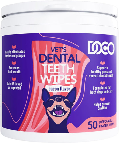 DOCO Dog Teeth Cleaning Wipes - Dog Tooth Brushing Kit, Remove Plaque & Tartar, Dental Freshen Breath, No Rinse, Easy Pet Tooth Cleaning Kit for Oral Care, Ideal for Cat Owners - Bacon Flavor, 50 ct.