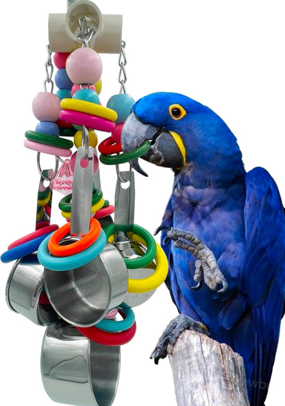 Metallic Pots and Multicolored Ring Strings Toys, Pullable 5 Stainless Steel Cups and Wooden Ring Toys for Large and Extra Large Parrot Amazons Macaws African Greys Cockatoos Eclectus