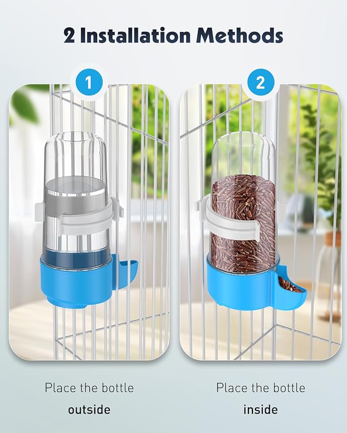 Pawfly Auto Bird Waterer, 2-Pack Cage Dispenser Feeder for Parrots, Hamsters - Small Bird Accessories for Cockatiel, Budgie, Lovebirds (White/Blue)