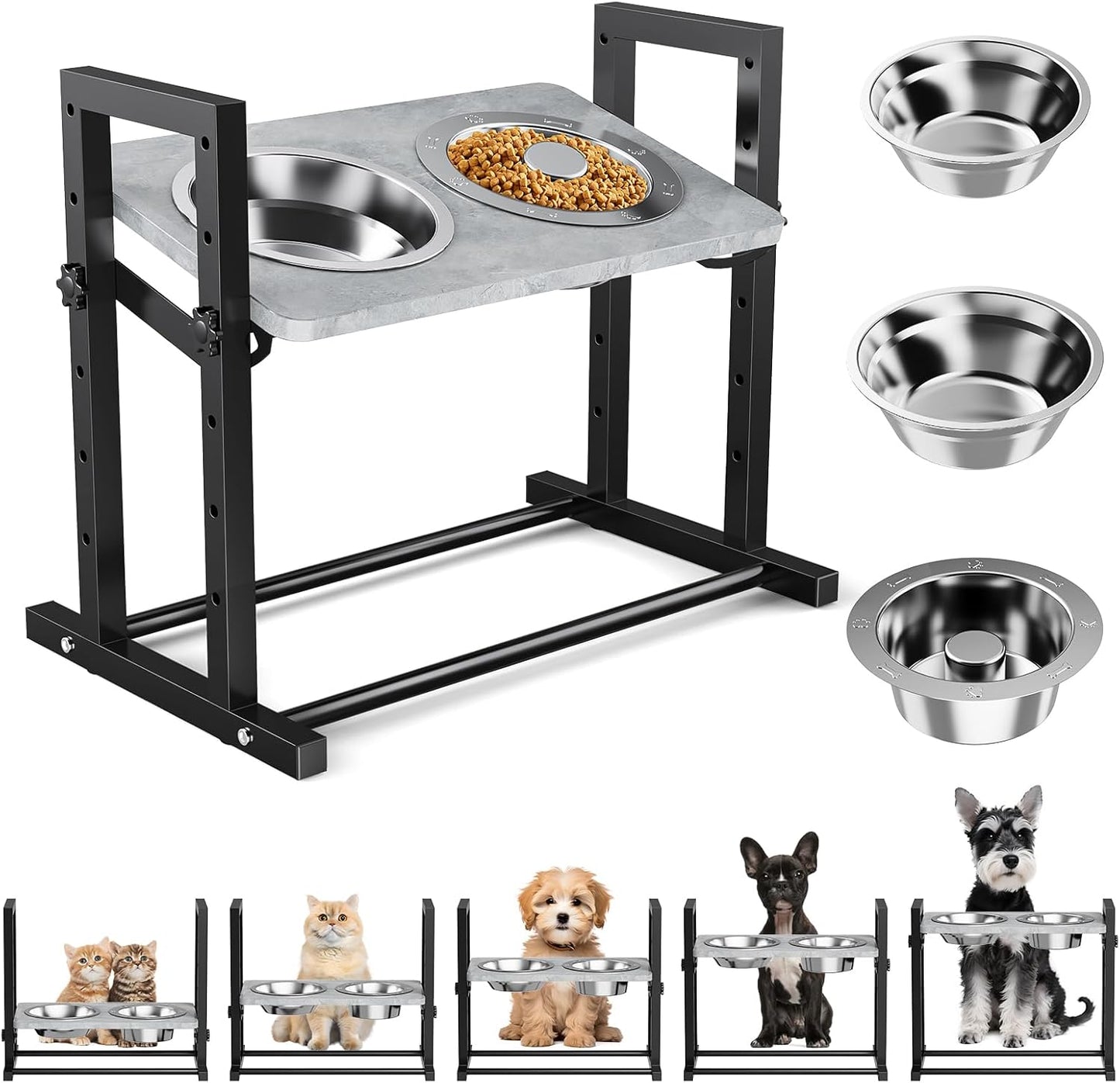 Elevated Dog Bowls for Dogs, 6 Heights Adjustable Raised Dog Bowl with Slow Feeder - 3 Stainless Steel Bowl, Tiltable Non-Slip Feeding Bowls with Metal Stand