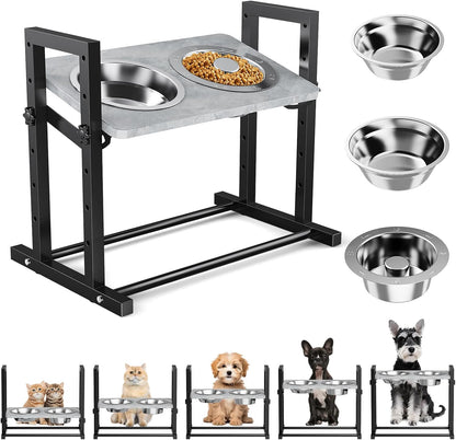 Elevated Dog Bowls for Dogs, 6 Heights Adjustable Raised Dog Bowl with Slow Feeder - 3 Stainless Steel Bowl, Tiltable Non-Slip Feeding Bowls with Metal Stand