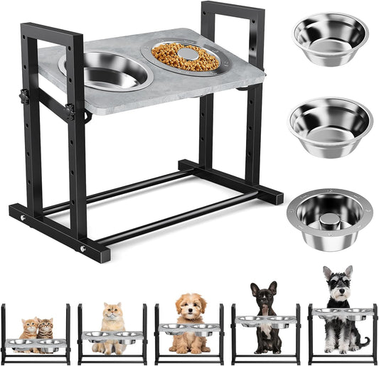 Elevated Dog Bowls for Dogs, 6 Heights Adjustable Raised Dog Bowl with Slow Feeder - 3 Stainless Steel Bowl, Tiltable Non-Slip Feeding Bowls with Metal Stand