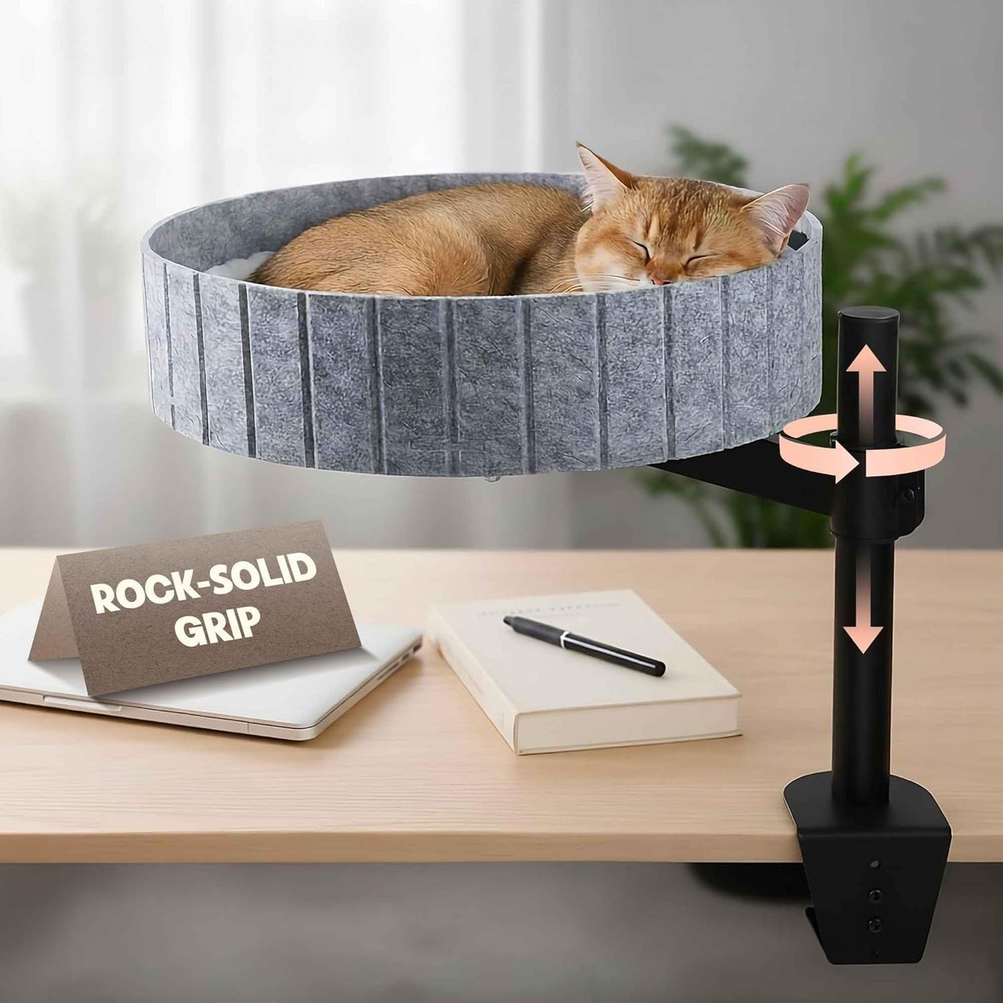 Cat Desk Bed with 360° Rotation & Height Adjustment, 60LB Capacity – Ultra-Plush Desk Mounted Perch Attachment, Table Cat Bed for Computer Desk, Washable Fluffy Hammock