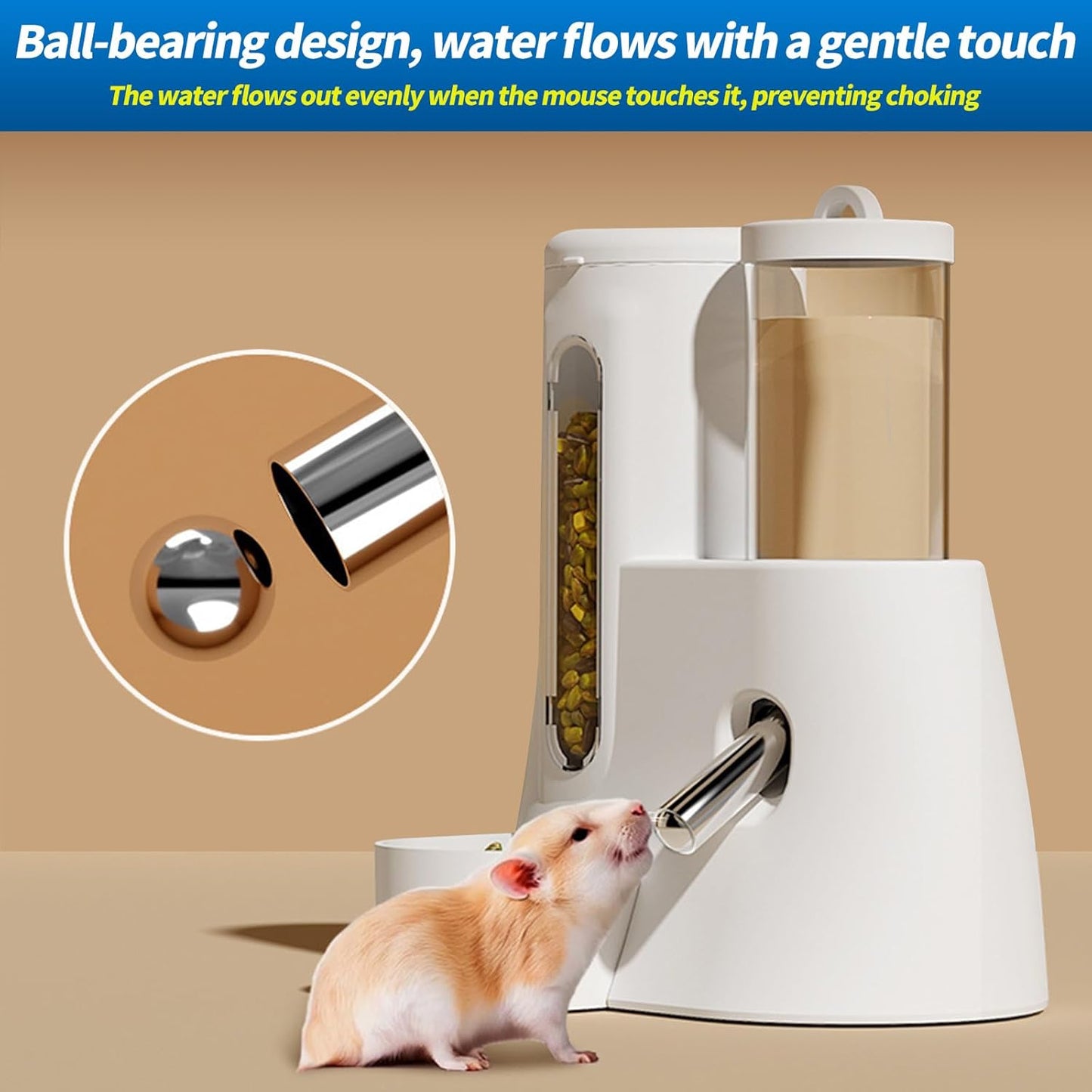 2-in-1 Hamster Water Bottle & Food Dispenser - Leak-Resistant Design for Glass/Wire Cages (120ml/4oz BPA-Free + Double Seal Nozzle) Dwarf Hamster & Mice Essentials (White, 6.3×5.1×4.3)