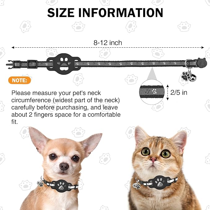 Airtag Cat Collar Breakaway, Reflective Kitten Collar with Bell and Apple Air Tag Holder, GPS Cute Cat Collar, Glow in The Dark Pet Collars for Boy Girl Cats, Kittens, Puppies, Black