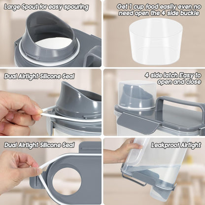 Large Spout Pet Food Storage Container, 5-7LBS/6Qt/5L Meter Dispenser with Handle, Measuring Cup, Double Sealing Tape and 4 Safety Snaps to Seal Dog Food and Cat Food-Gray Blue