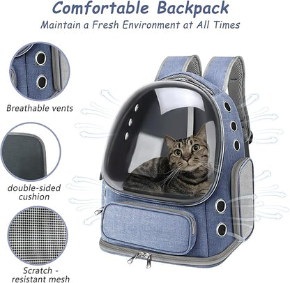 Cat Carrier with Groomer, Breathable Cat Bubble Carrier for Cats or Small Dogs up to 20 lbs, Collapsible Airline Approved, Clear Cat Travel Backpack (Blue)