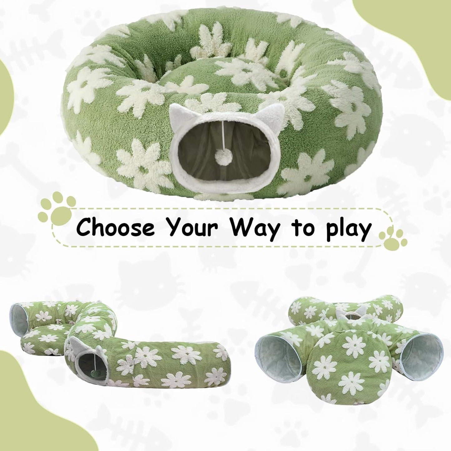 Cat Tunnel Bed for Indoor Cats, Soft Plush Donut Peekaboo Cat Cave, Multifunctional Playground Toy for Small Medium Large Cats, Kittens, Rabbits, Ferrets, with Washable Cushion(Green)