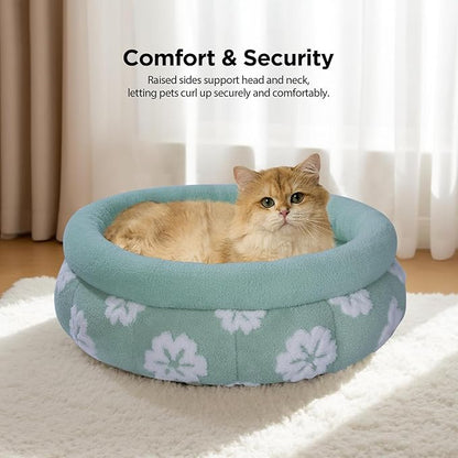 BALANCE Cat Beds for Indoor Cats, Washable Round Cat Bed, Cute 3D Flower Kitten Bed with Anti-Slip Bottom for Puppy and Kitten, 20 Inches, Green