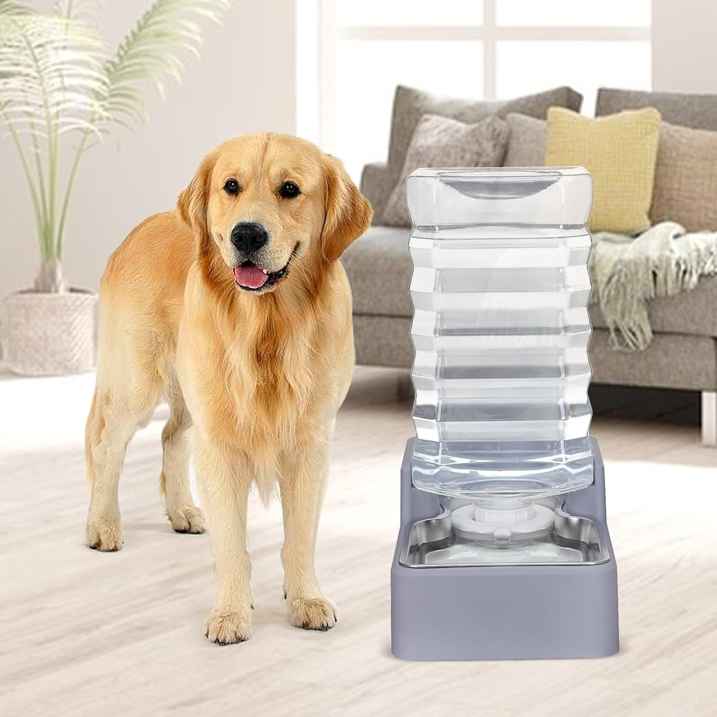 Sfozstra Automatic Lagre Water Dispenser: 9L Dogs Stainless Steel Gravity Light Gray Upgraded Feeder - Two Caps and Filters - Convenient Designed for Multiple Pets