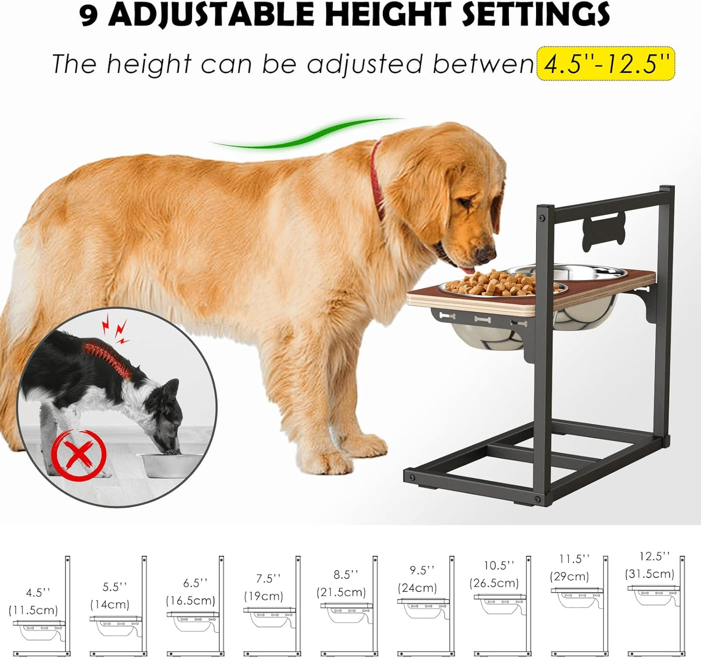 Elevated Dog Bowls with Slow Feeder - 9 Heights Adjustable Raised Dog Bowl Stand with Two 1.7L Stainless Steel Pet Food Bowls & Slow Feeder, Perfect for Medium Large Sized Dogs and Cats