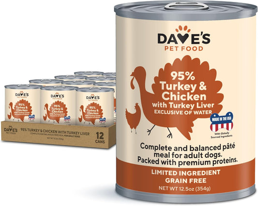 Dave's Pet Food Limited Ingredient Dog Food (95% Turkey & Chicken), Made in USA Grain Free Wet Canned Meals, Large & Small Breeds, 12.5 oz Cans (12 Pack)