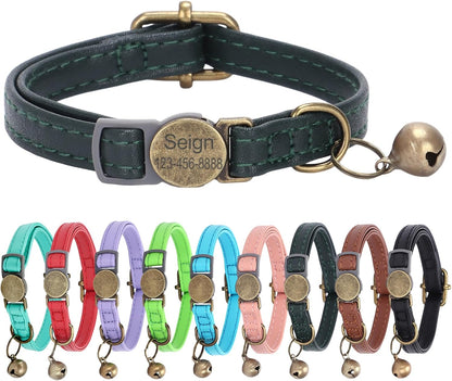 Cat Collar Breakaway, Personalized Leather Cat Collar with Bells-Adjustable Customized Collar with Name & Phone Number Tag for Girl Boy Cats -Quick Release Buckle for Cats & Kittens(Green)
