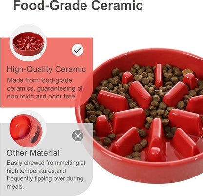 Ceramic Maze Dog Slow Feeder with Non-Slip Silicone Rim (& Bamboo Stand) – Heavy-Duty Stoneware Bowl with Puzzle Pattern for Bloating & Obesity Prevention (Raised-Red-S)