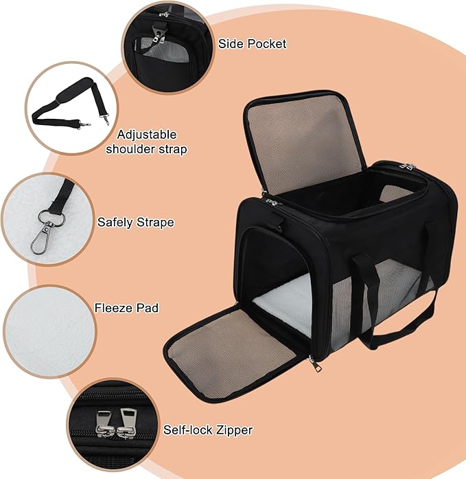 Pet Carrier, Breathable Mesh Design, Soft Cat Carrier with Shoulder Strap, Comfortable Travel Solution, Black