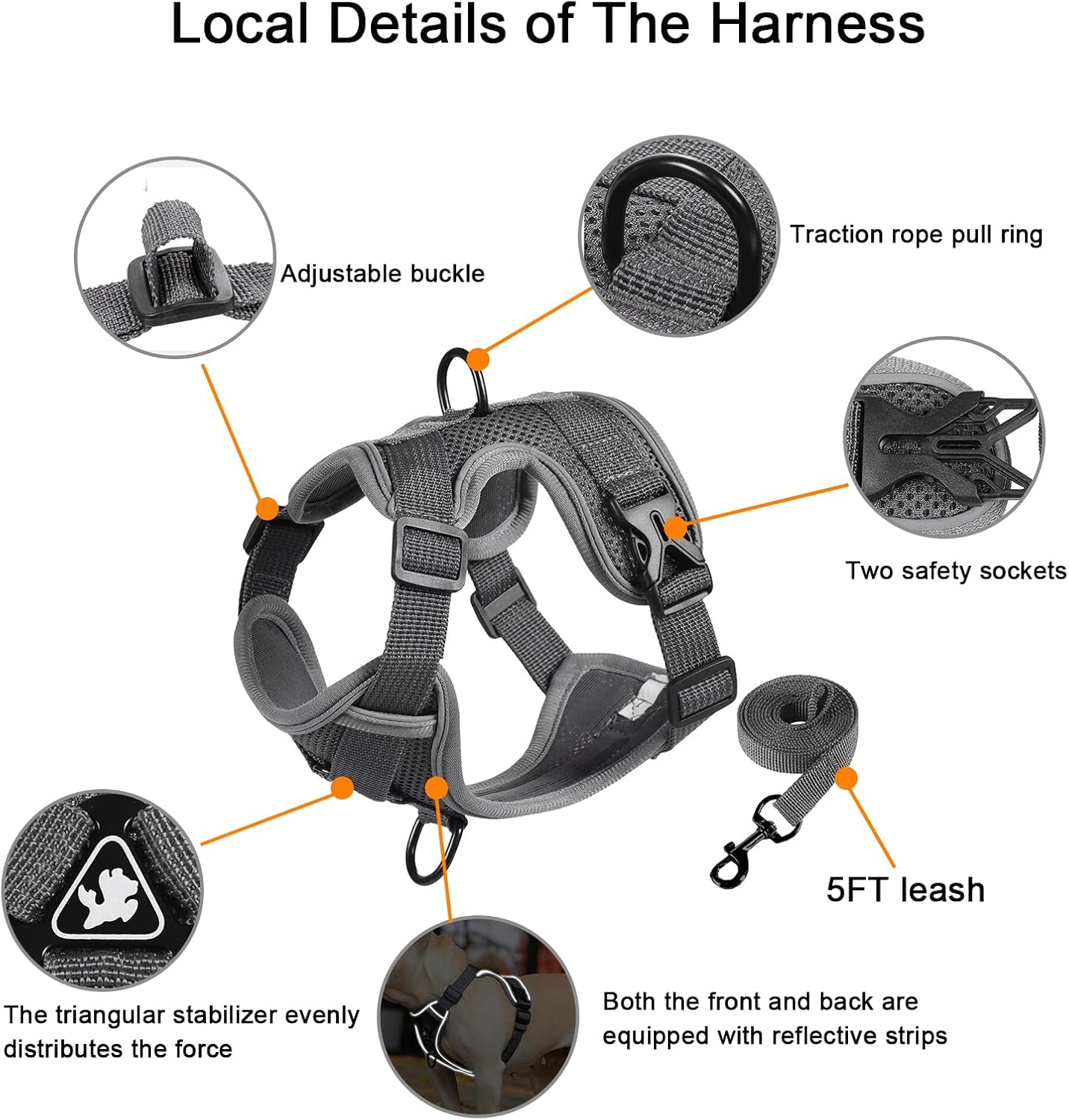 SOLMOONY Small Dog Harness,Soft Mesh Puppy Harness and Leash Set,No Escape Cat Harnesses for Training Walking,Reflective Adjustable Puppy Vest for Small Medium Dogs, Cats (Grey, S)