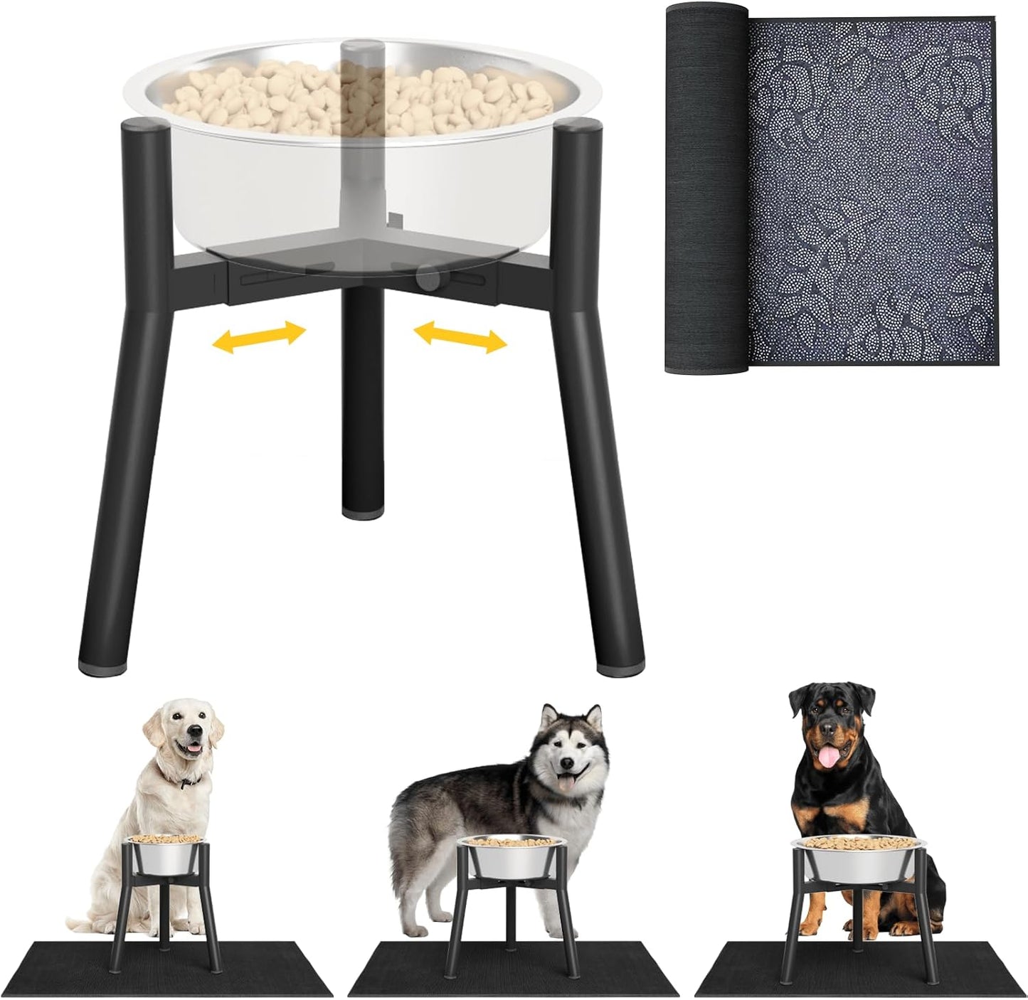 Dog Bowl Stand for Medium Large Dogs with Mat, Adjustable Width Elevated Dog Bowls for 7-10.6" Wide Bowls, Raised Food Water, 11 inch Tall Single Holder, Bowl Not Included