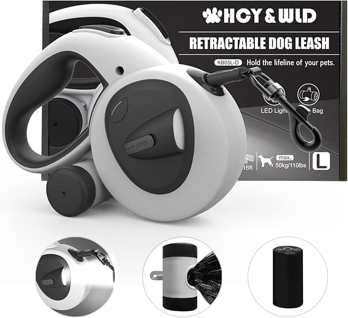 HCY&WLD Upgrade 4-in-1 Retractable Dog Leash with LED Light & Dispenser & Poop Bags, 16 ft Heavy Duty Dog Leash with Anti-Slip Handle for Dogs up to 110 lbs, 360° Tangle-Free, One Button Brake & Lock