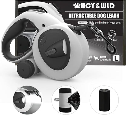 HCY&WLD Upgrade 4-in-1 Retractable Dog Leash with LED Light & Dispenser & Poop Bags, 16 ft Heavy Duty Dog Leash with Anti-Slip Handle for Dogs up to 110 lbs, 360° Tangle-Free, One Button Brake & Lock