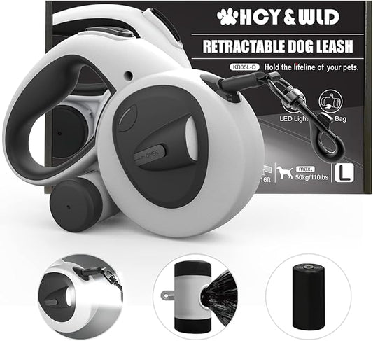 HCY&WLD Upgrade 4-in-1 Retractable Dog Leash with LED Light & Dispenser & Poop Bags, 16 ft Heavy Duty Dog Leash with Anti-Slip Handle for Dogs up to 110 lbs, 360° Tangle-Free, One Button Brake & Lock