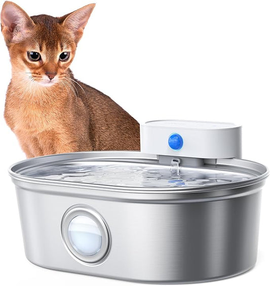 uahpet Wireless Cat Water Fountain Stainless Steel Pro, External Pump Battery Operated Pet Waterer, Dog Drinking Dispenser with Water Level Window, 67oz/2L