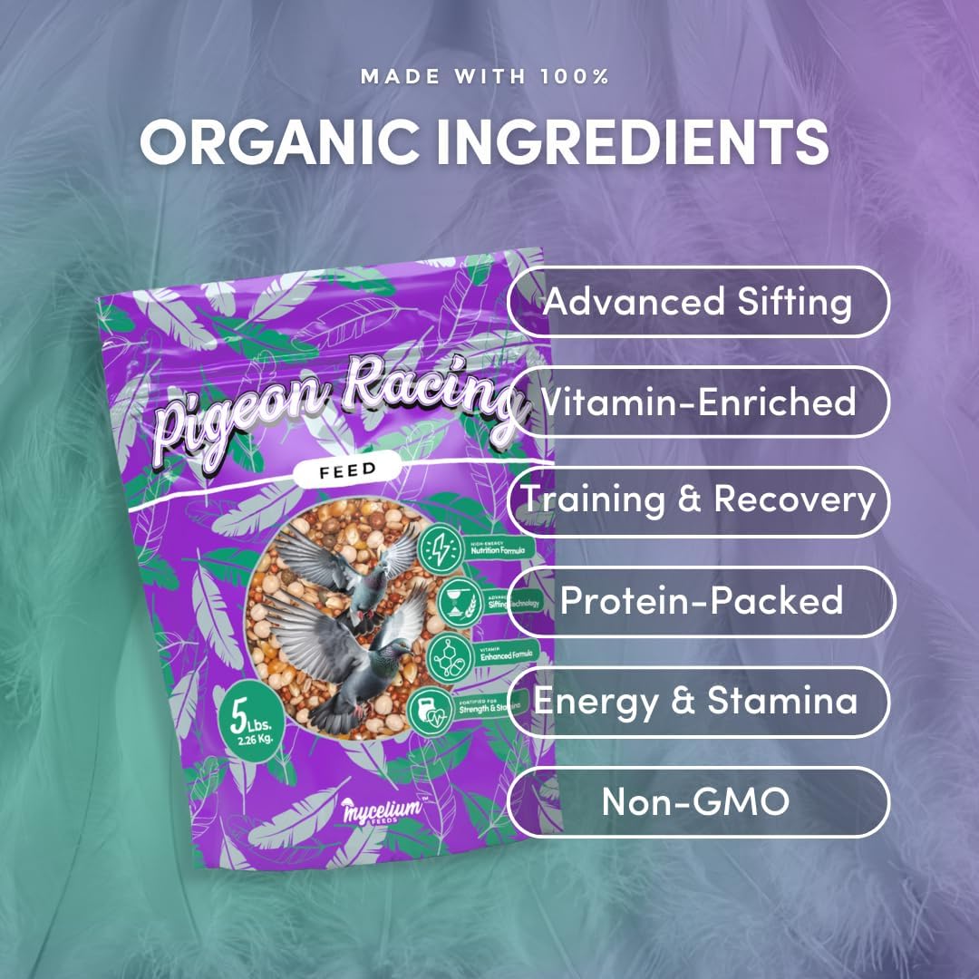 Mycelium Organic Racing Pigeon Food (5 LB Bag) | High-Protein Bird Seed with Vitamin Premix | Supports Endurance, Muscle Recovery & Flight Performance | Non-GMO, No Fillers, Made in USA