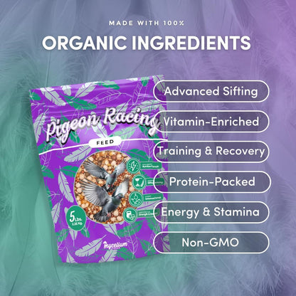 Mycelium Organic Racing Pigeon Food (5 LB Bag) | High-Protein Bird Seed with Vitamin Premix | Supports Endurance, Muscle Recovery & Flight Performance | Non-GMO, No Fillers, Made in USA