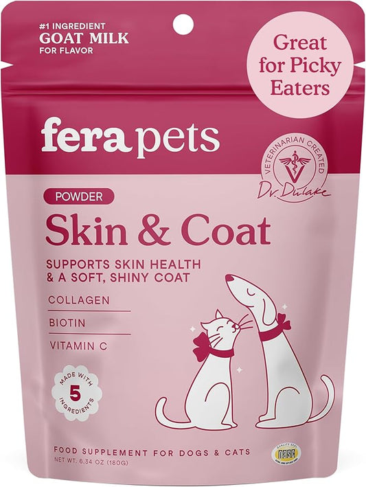 Fera Pets Goat Milk Topper - Cat & Dog Skin and Coat Supplement with Collagen, Biotin & Vitamin C - Helps Maintain Normal Skin Moisture - Promotes a Shiny Coat - for Picky Eaters - 60 TSP