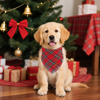 PTDECOR Christmas Dog Bandanas with Tassels Edges, Stylish Red White Plaid Scarf Bib, Premium Cotton Fabric, Reversible Triangle Xmas Bandanas for Small Dogs Puppies Cats(Small)
