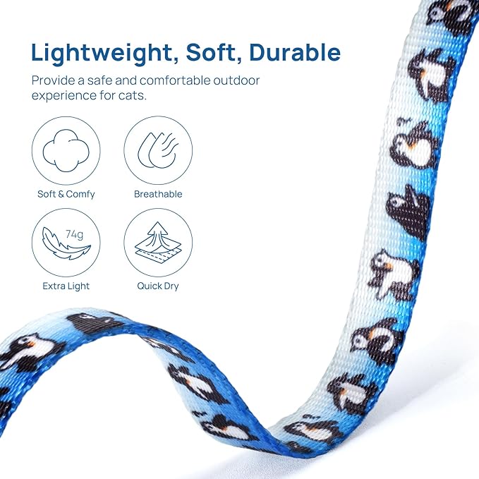 Cat Harness and Leash Set - Escape Proof Adjustable Cat Harness, Comfortable Soft Lightweight, Use Safe & Easy, Walking Travel Kitten Harness for Small Medium Large Cats (Blue Glacier Penguin)