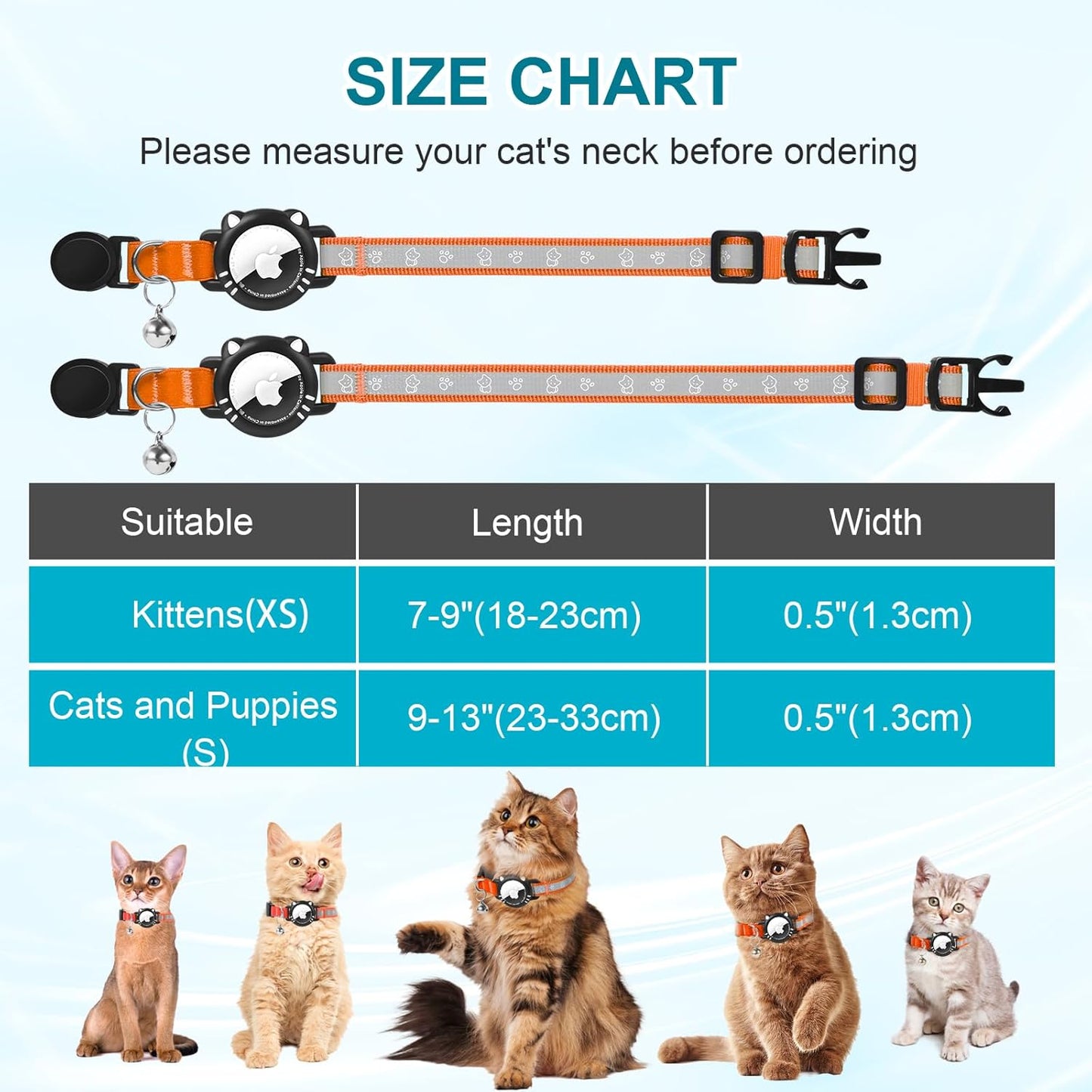 Airtag Cat Collar, Reflective Cat Collar with Apple Air Tag Holder, Breakaway GPS Tracker Pet Collar with Bell for Cat Kitten, Airtag Not Included, Orange, S(9-11 Inch)