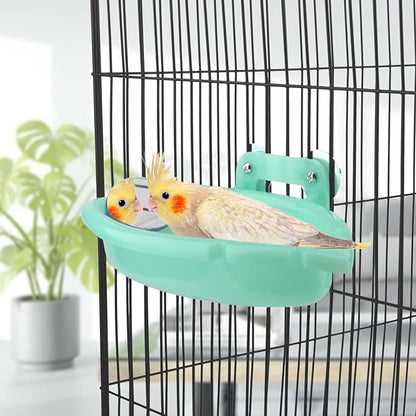 Wontee Bird Bath Box with Mirror Portable Parrot Hanging Bathroom Bathing Tub for Small Birds Cleaning Supplies (Blue(B)+Green)