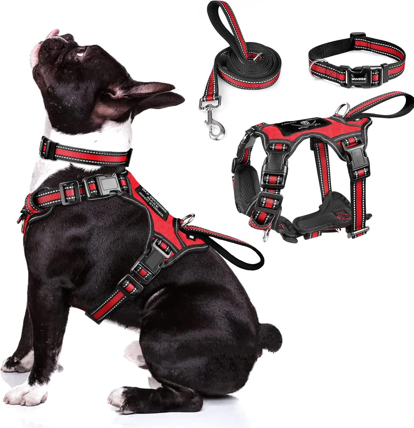 WINSEE Pet Harness Collar and Leash Set, All-in-one Reflective Dog Harness No Pull with Adjustable Buckles for Puppies, Small, Medium, Large, and Extra-Large Dogs (Medium, Red)