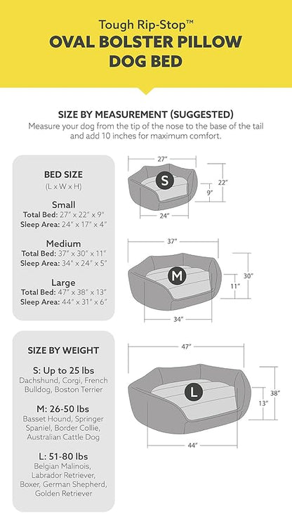 K9 Ballistics Tough Ripstop Oval Bolster Dog Bed, Calming Round Den Shape, Scratch Resistant, Machine Washable - Small, Titanium Premium Finish