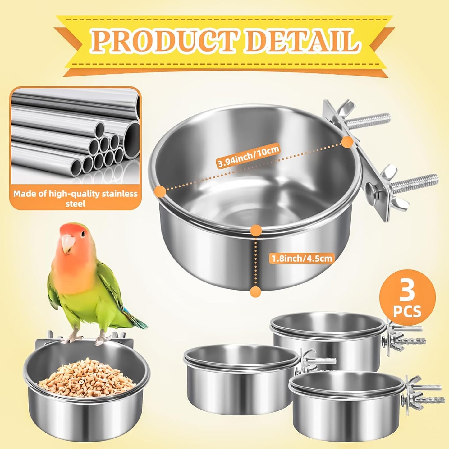 MotBach 3 Pack Bird Feeding Bowls Cups Parrot Food Water Dishes, Stainless Steel Bird Bowl Cup Dish with Clamp, Birdcage Feeder Pet Cage Bowls for Parrot Cockatiel Budgie Conure Parakeet Small Animal