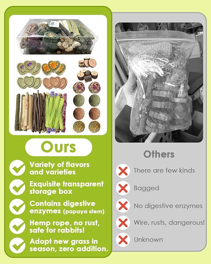 68pcs DIY Rabbit Chew Toys,Rabbit Toy for Bunnies Boredom Bunny Toys for Teeth, Timothy Stick, Apple Sticks, Sweet Bamboo, for Guinea Pig, Hamster, Chinchilla, Rat, Small Animals