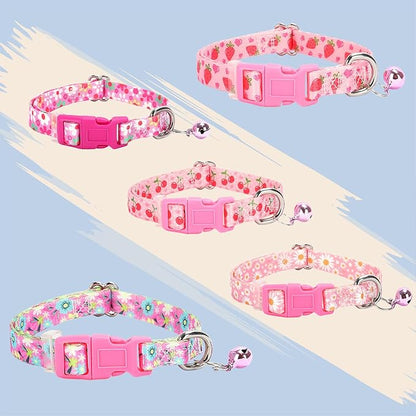 Pink Floral XS Dog Collar with Bell, Pretty Cute Flower Girl Puppy Collar Tiny Cat Collars with Bells for XS Small Pet Female Dogs Kitten Little Animal, XSmall
