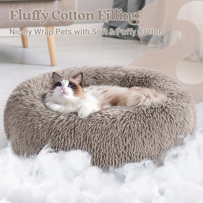 rabbitgoo Cat Beds for Indoor, 20 inches Machine Washable, Fluffy Round Pet Bed Non-Slip, Calming Soft Plush Donut Cuddler Cushion Self Warming for Small Dogs Kittens, Khaki, Medium