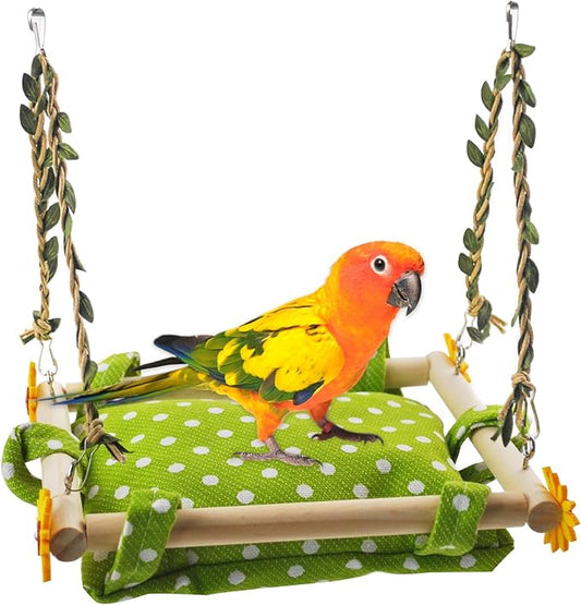 Bird Toy Climbing Hammock Nest Hanging Bird Bed for Cage Wooden Perch Stand Swing with Bell Toy for Parrot Parakeet Cockatiel Conure Cockatoo
