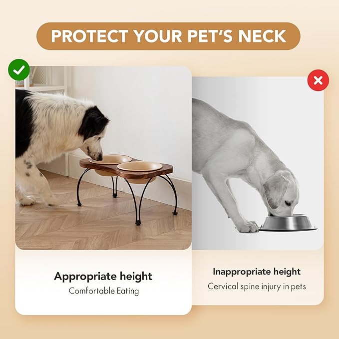 Ceramic 7.1-inch Raised Double-Bowl Set with Non-Slip Stand, Food & Water Dishes for Medium and Large Dogs, Wide Opening with Rounded Edges(Oat Beige)