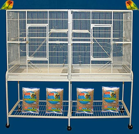 Large Double Breeding Flight Bird Wrought Iron Double Parrot Bird Cage Slide Out Center Divider Side Nesting Box Doors Cockatiel Conure Removalbe Rolling Stand