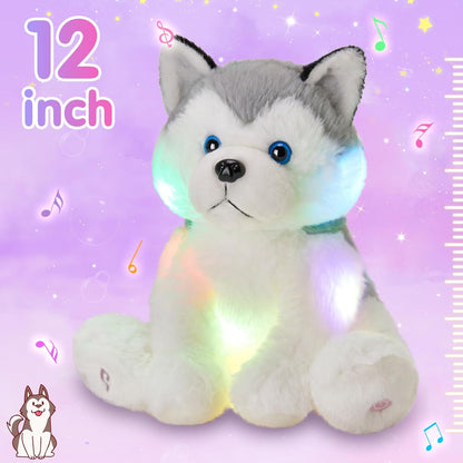 Houwsbaby 12'' Gray Light Up Musical Stuffed Animal Husky Singing LED Dog Glowing Plush Toy Lullaby Animated Soothe Birthday Festival Present for Kids Toddler Girls