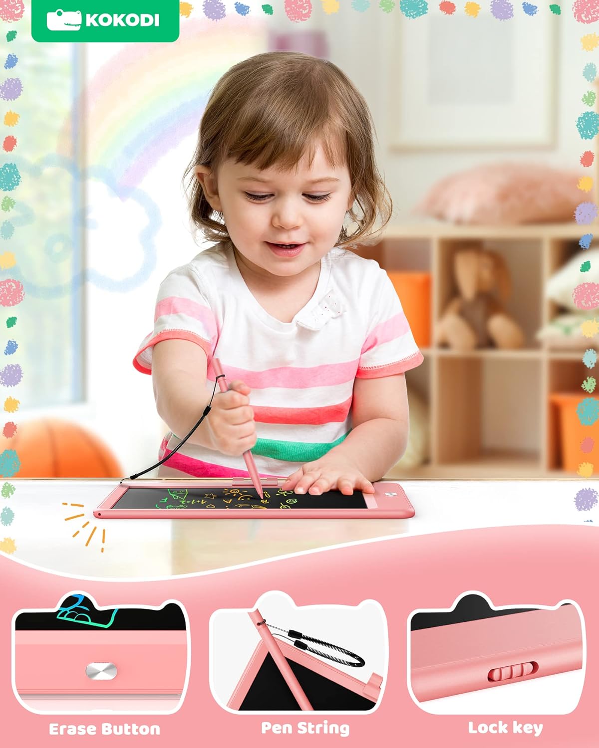 KOKODI LCD Writing Tablet,Gifts for 3 Years Old Boys and Girls,10 Inch Colorful Doodle Board Drawing Tablet, Erasable Reusable Electronic Drawing Pads, Educational and Learning Toy for Kids