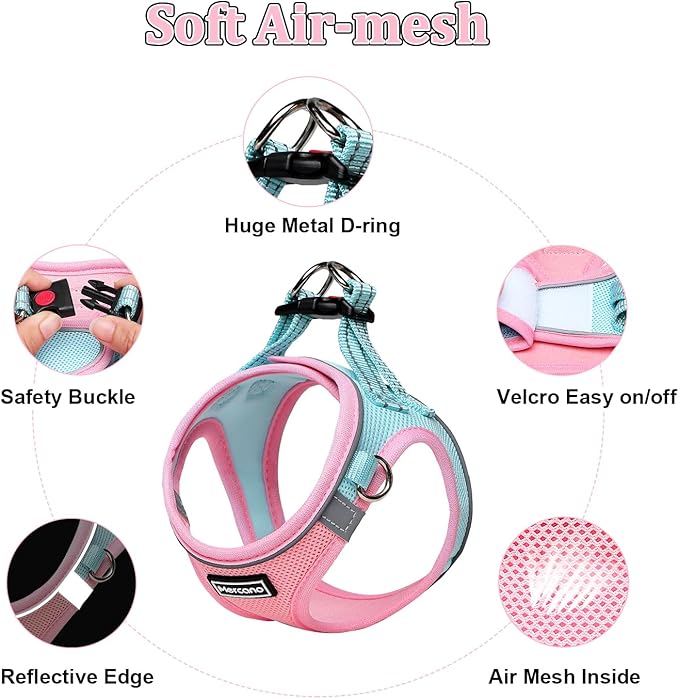 Mercano Soft Mesh Dog Harness and Leash Set, No-Chock Step-in Reflective Breathable Lightweight Easy Walk Vest Harnesses with Safety Buckle for Small Dogs, Cats (S, Pink Blue)
