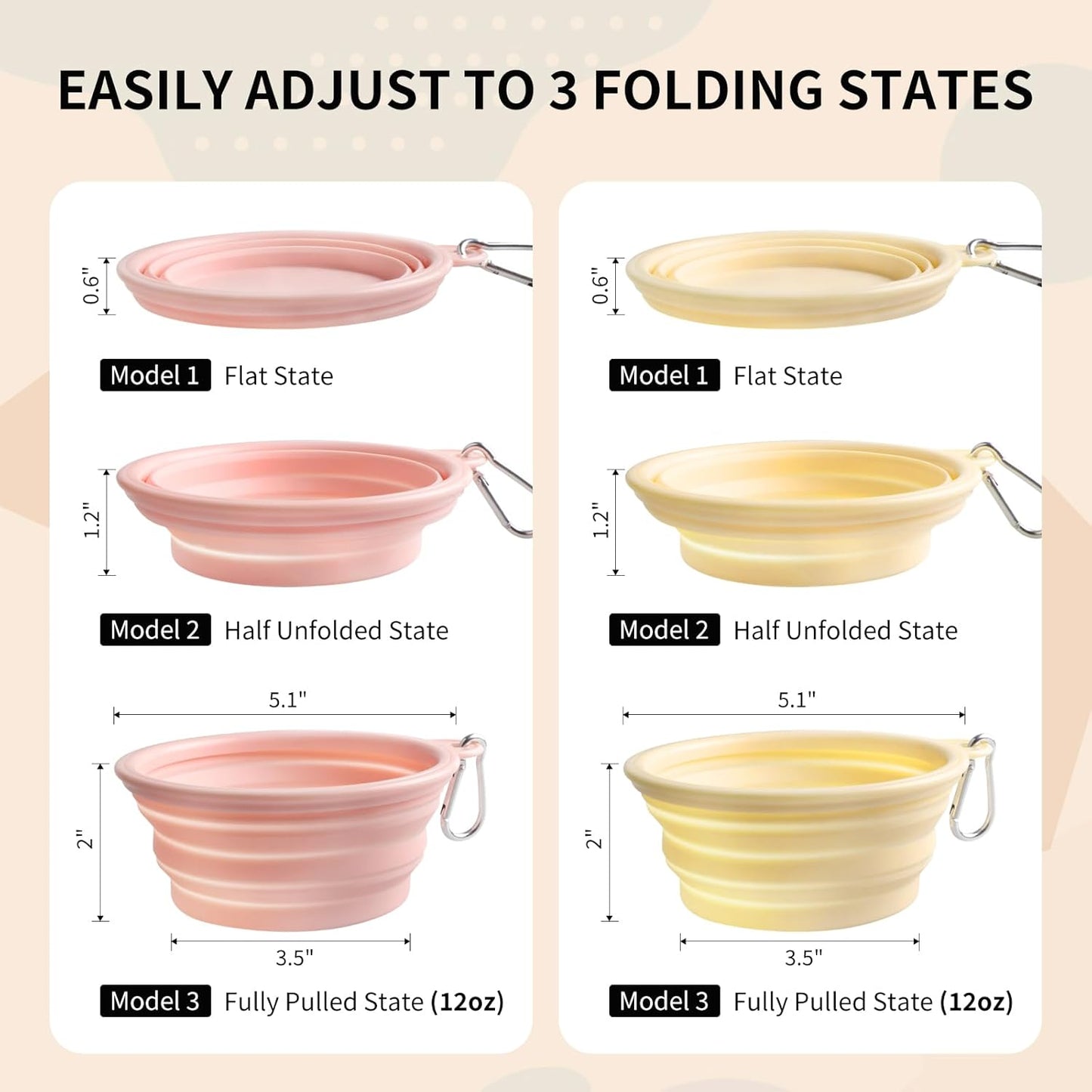 Collapsible Dog Bowls 2-Pack, Portable Travel Dog Bowl with Carabiner, Food-Grade Silicone Pet Bowl for Hiking, Walking (Macaron Pink and Yellow)