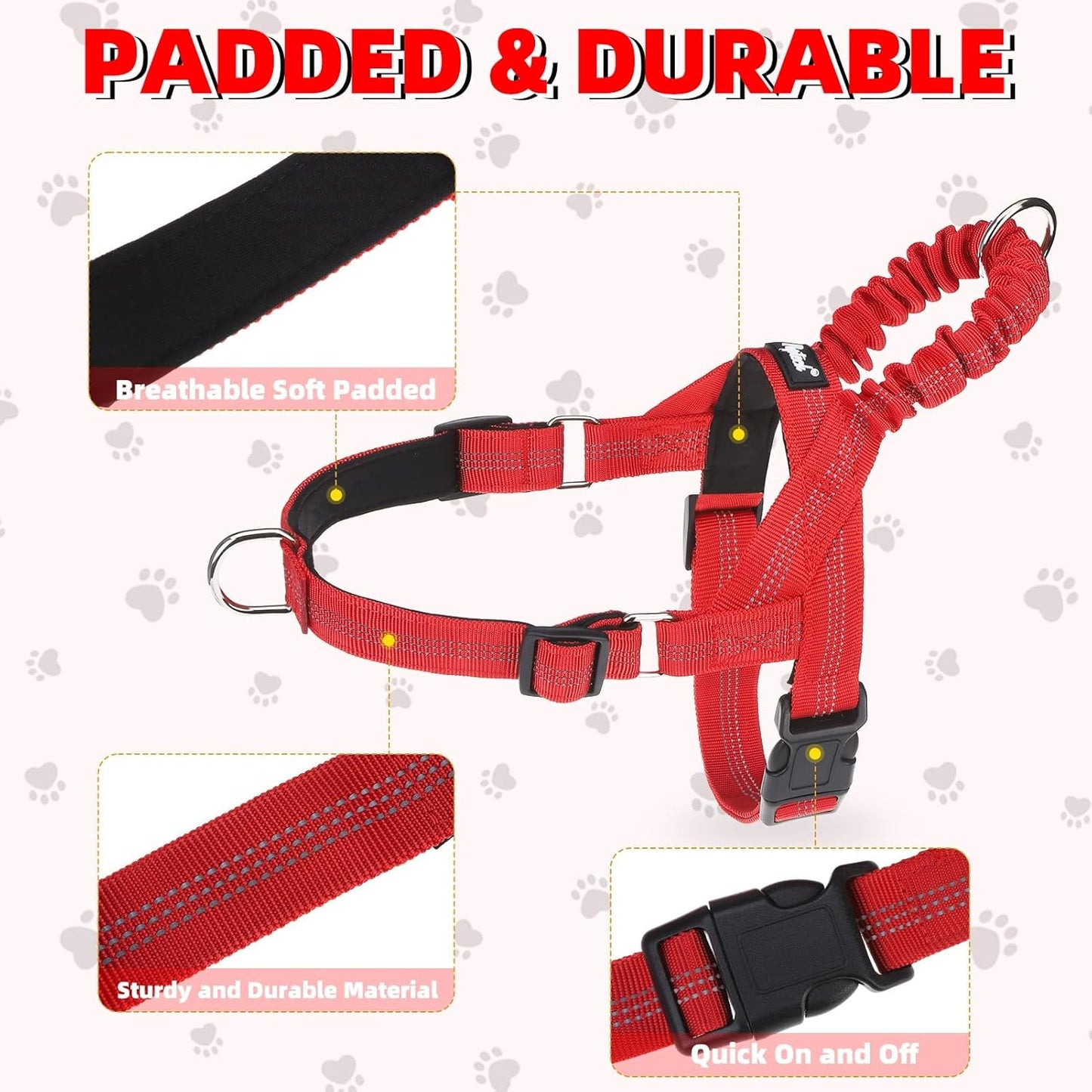 PUPTECK No Pull Dog Harness for Large Dogs, Adjustable Reflective Pet Vest Harness with Bungee Handle, Escape Proof No Choke Harness for Large Dogs Walking Training, Red L