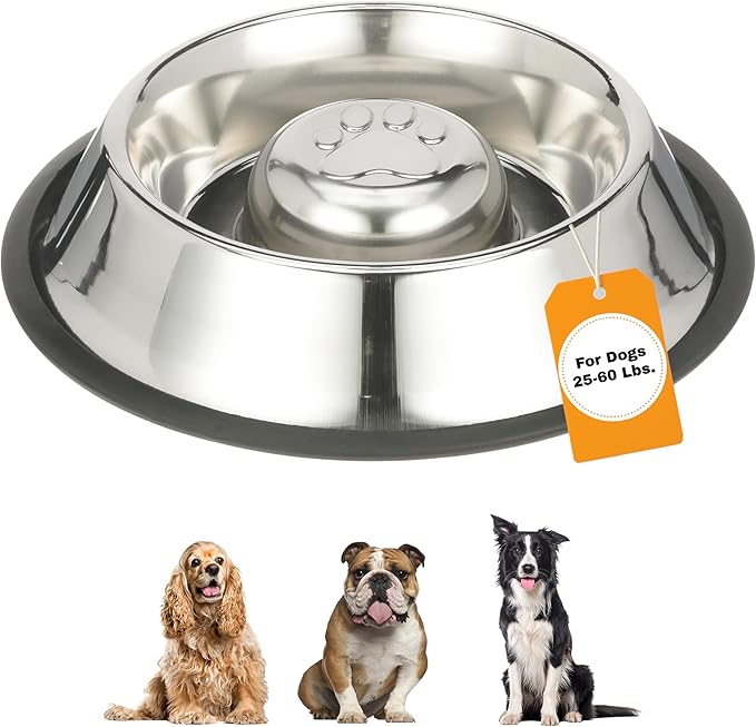 Neater Pet Brands Stainless Steel Slow Feed Bowl - Non-Tip & Non-Skid - Stops Dog Food Gulping, Bloat, Indigestion, and Rapid Eating (3 Cup)